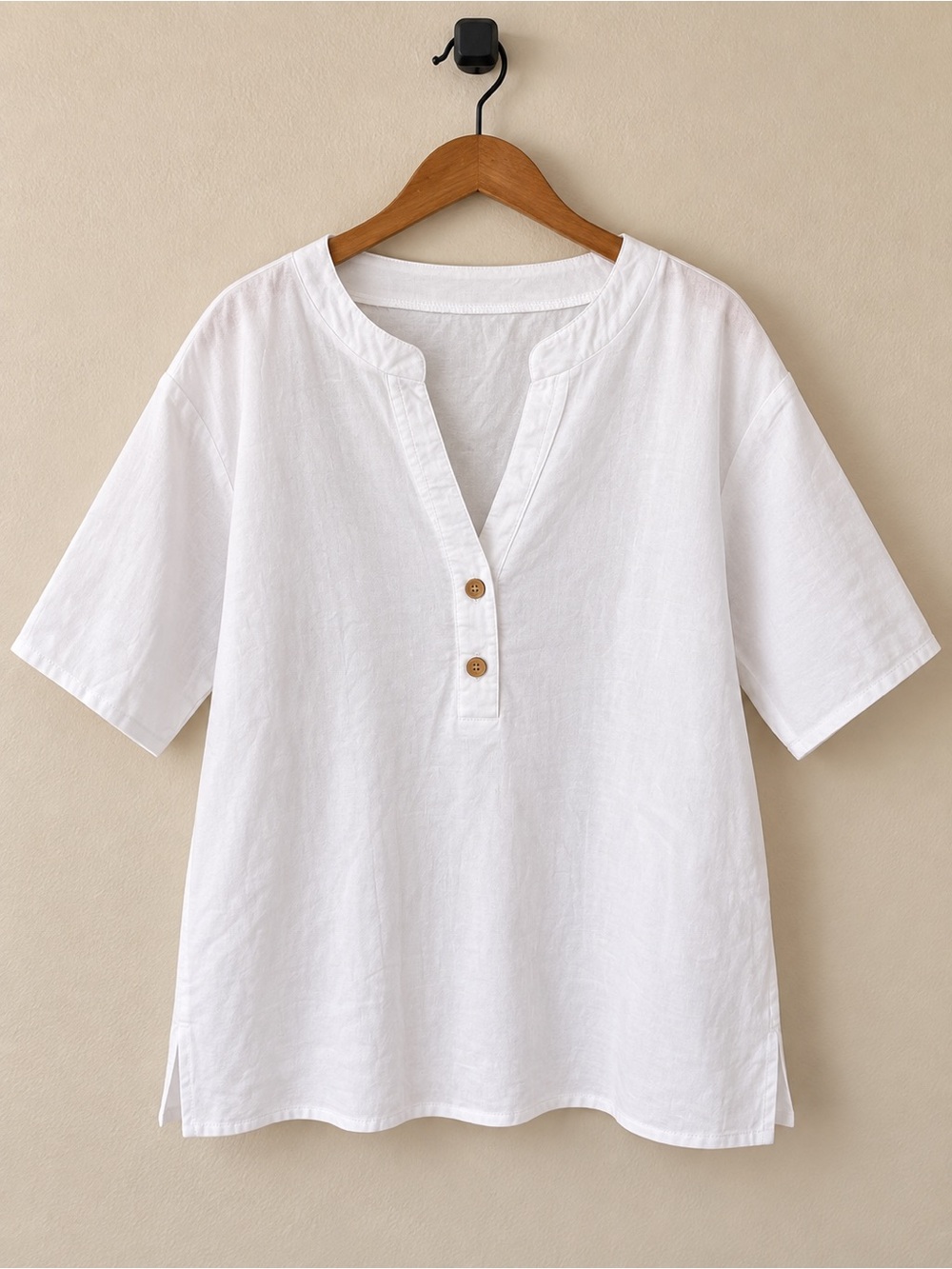 Source Unknown White Short-Sleeve Split V-Neck Linen Tunic